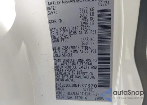 2024 Nissan Frontier King Cab S 4X2 z USA, uszkodzony, nr VIN 1N6ED1CL1RN637370